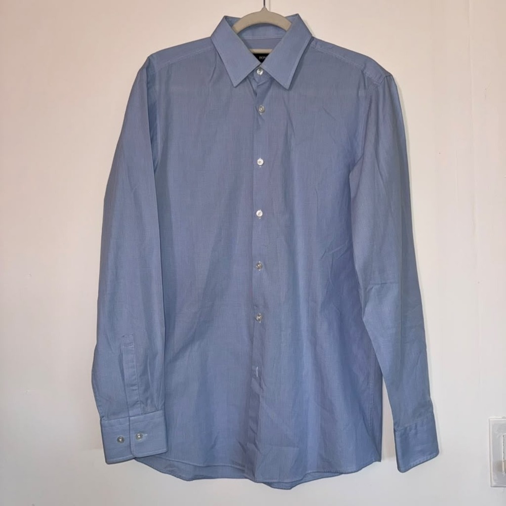 Hugo Boss Men's Sz 15.5(34/35) Sharp Fit Button Up Shirt Blue Small Checkered